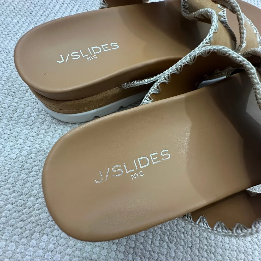 J/Slides‎ NYC Womens 10M Tan Whipstitch Crisscross Platform Slide Sandals Camel